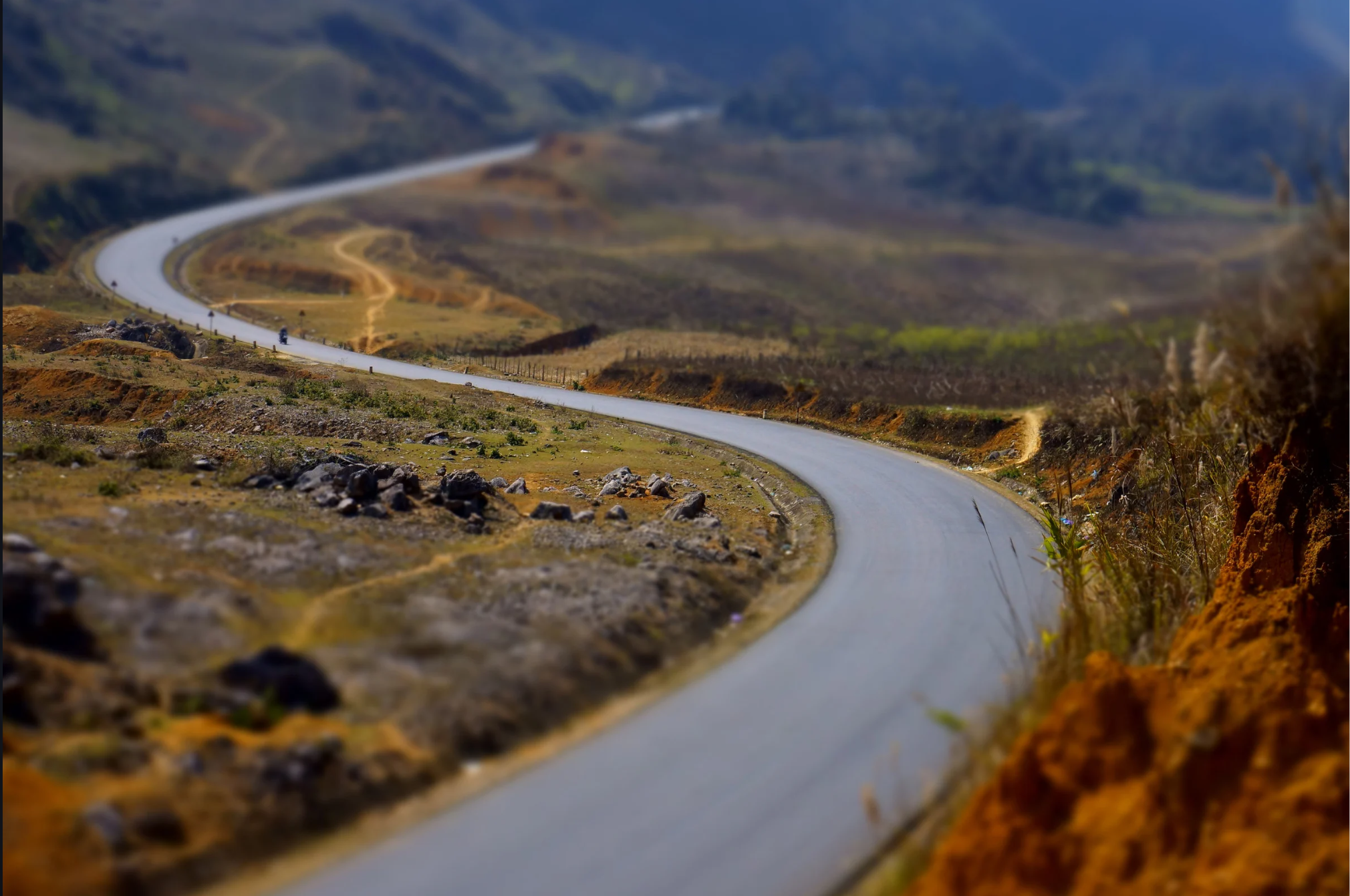 Winding country road through hills