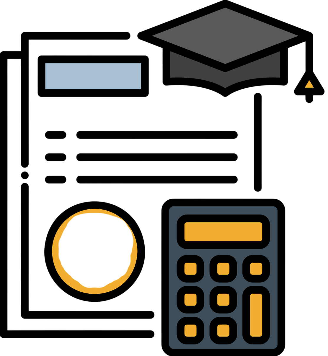 Document calculator and graduation cap icon