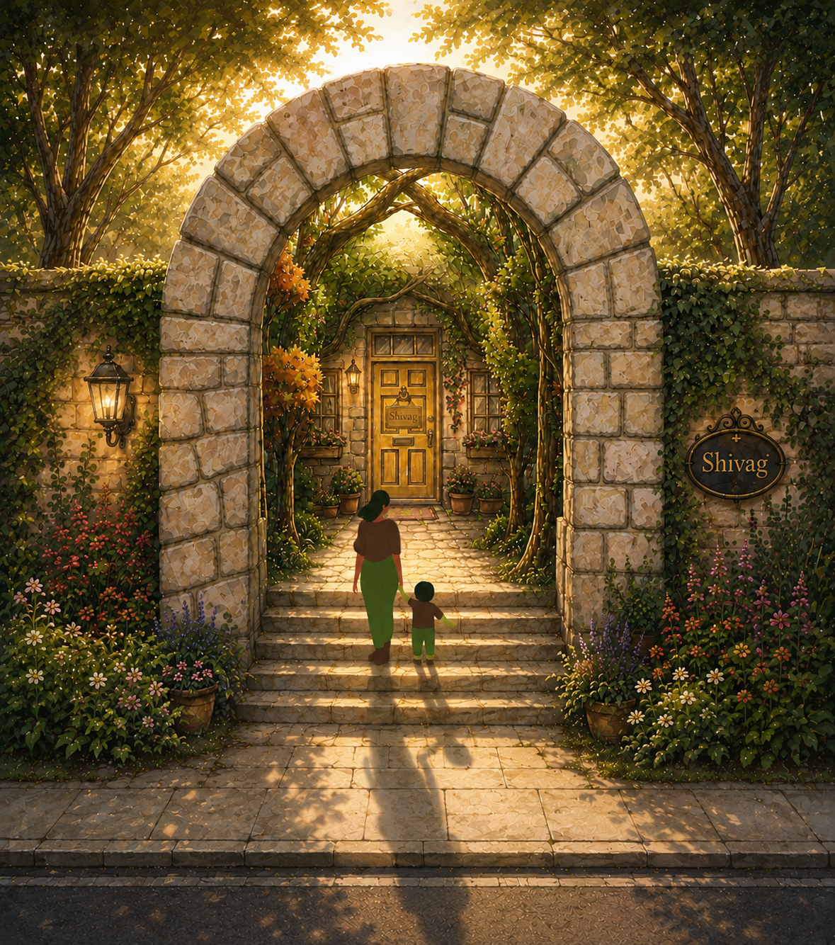 Illustration of a mother and child walking towards a cottage door enclosed in a stone archway